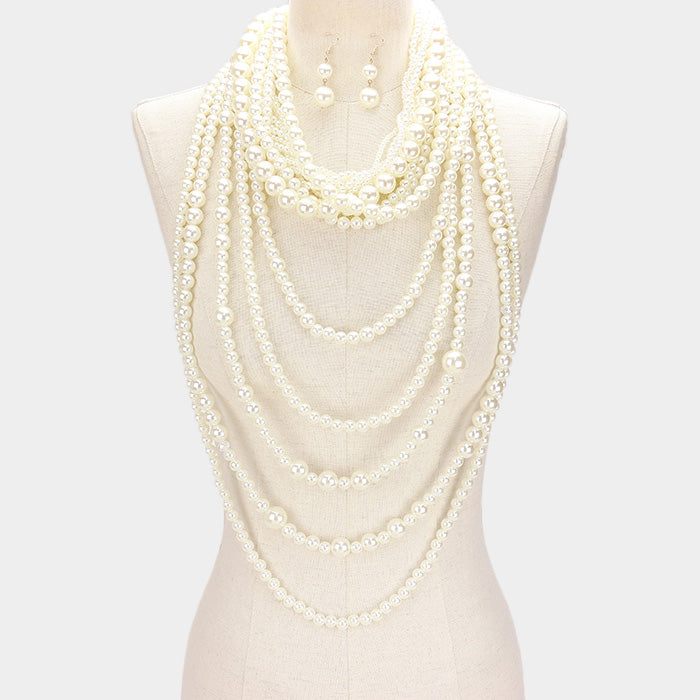 Cascading Elegance Multi Layered Pearl Statement Necklace Set